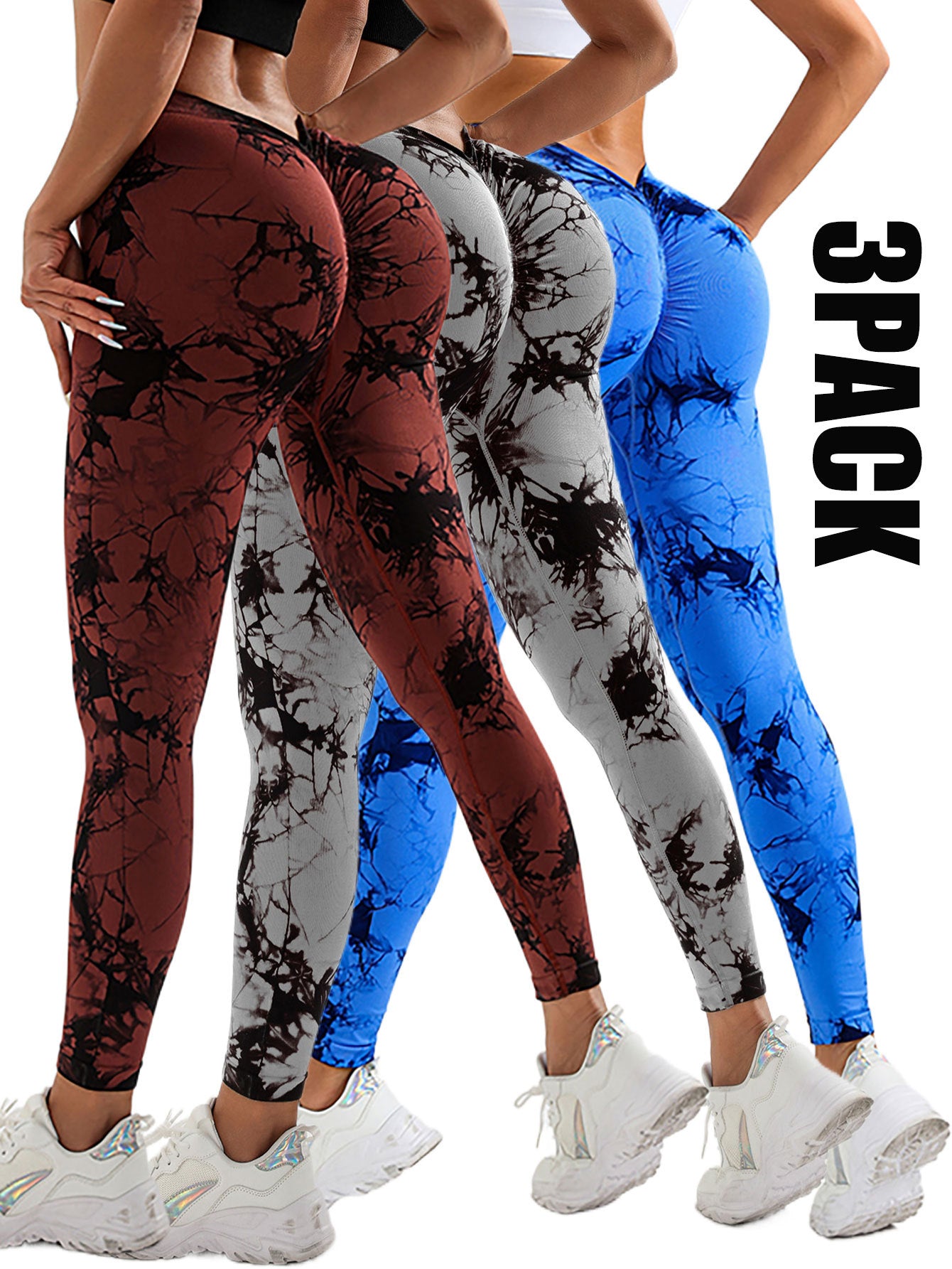 3-Pack Women’s Scrunch Workout Leggings – High Waisted Seamless Tie-Dye Butt Lifting V-Back Yoga & Gym Leggings