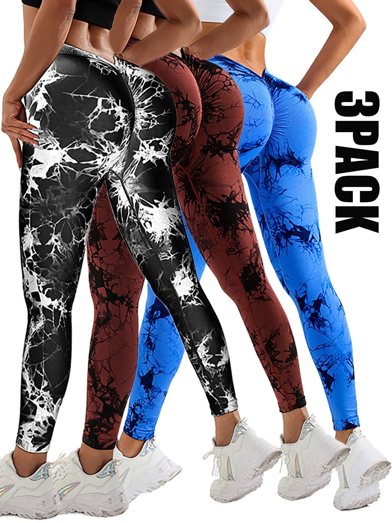 3-Pack Women’s Scrunch Workout Leggings – High Waisted Seamless Tie-Dye Butt Lifting V-Back Yoga & Gym Leggings