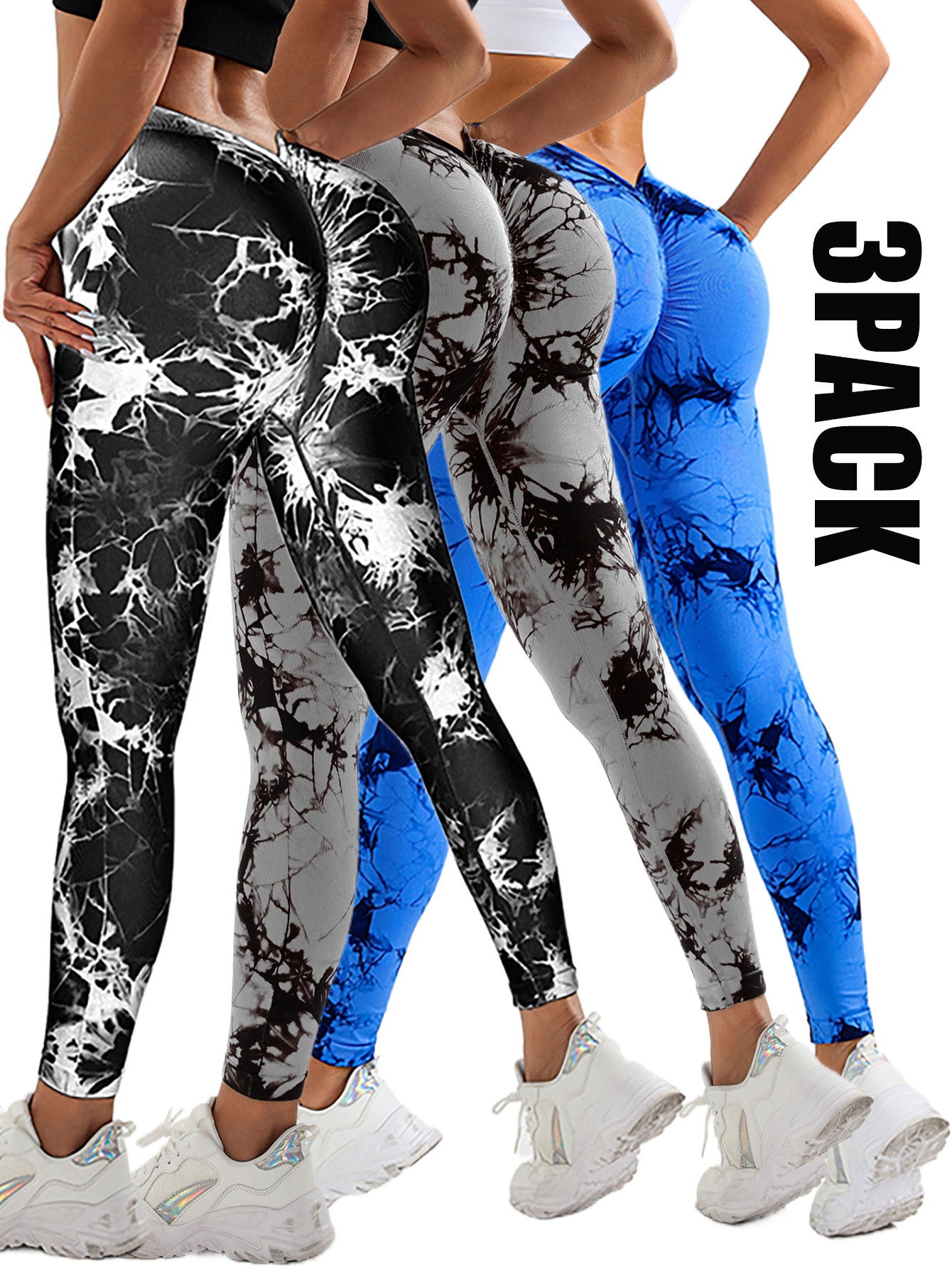 3-Pack Women’s Scrunch Workout Leggings – High Waisted Seamless Tie-Dye Butt Lifting V-Back Yoga & Gym Leggings