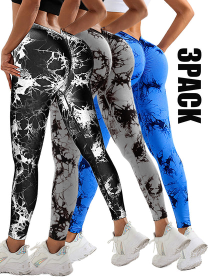 3-Pack Women’s Scrunch Workout Leggings – High Waisted Seamless Tie-Dye Butt Lifting V-Back Yoga & Gym Leggings