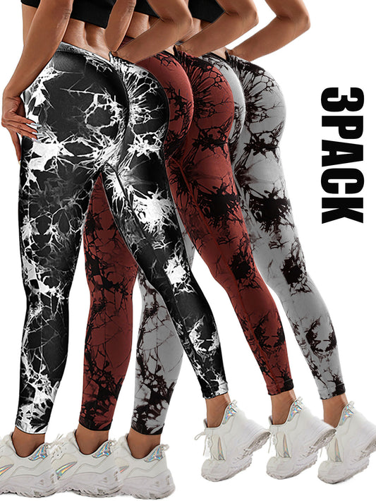 3-Pack Women’s Scrunch Workout Leggings – High Waisted Seamless Tie-Dye Butt Lifting V-Back Yoga & Gym Leggings